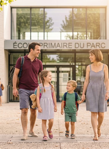 Famille devant l'école